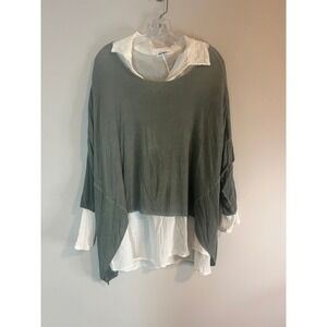 Nina Kendosa Paris 2 Piece Layered Top Set Olive Green Sweater‎ White Shirt S